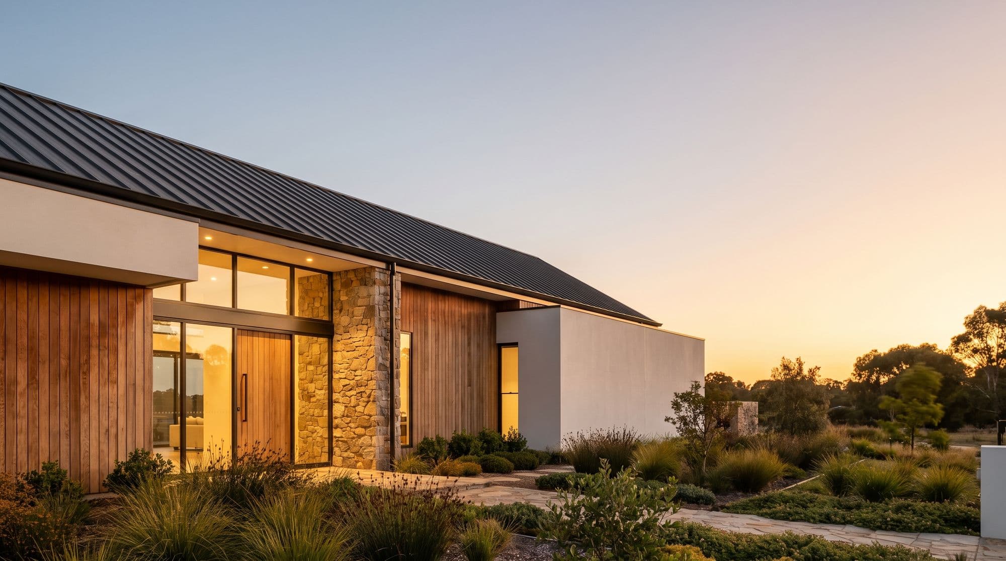 Fachada de casa moderna al atardecer (imagen ilustrativa)